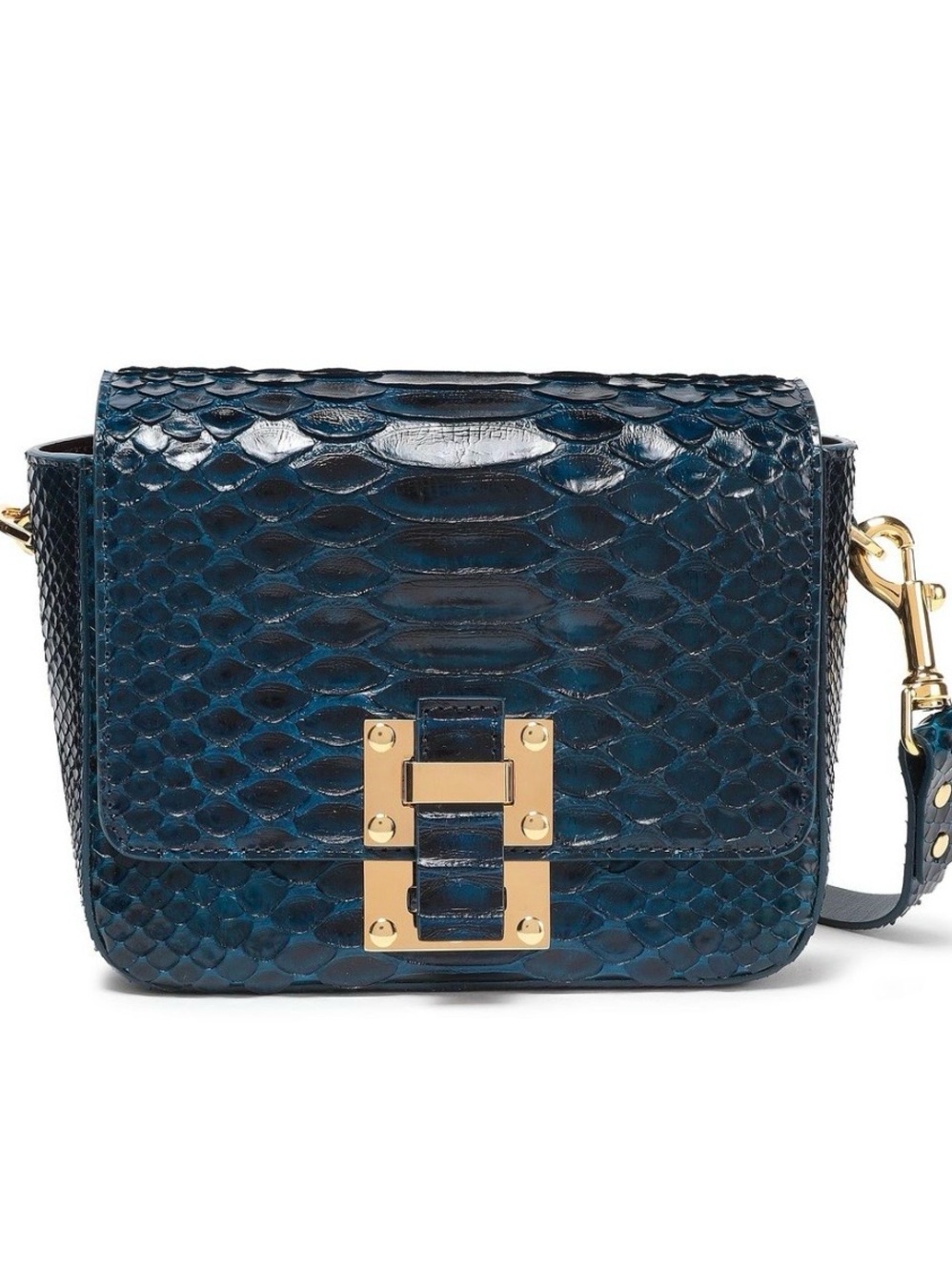 Blue Python-Texture Crossbody Bag with Gold Hardware